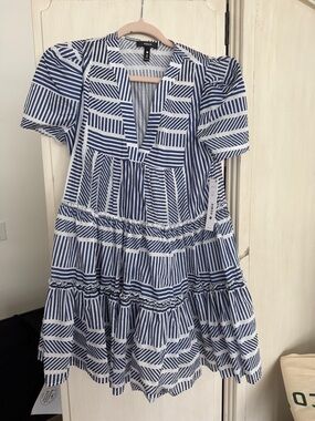 Aqua Navy and White Striped Tiered V-Neck Dress